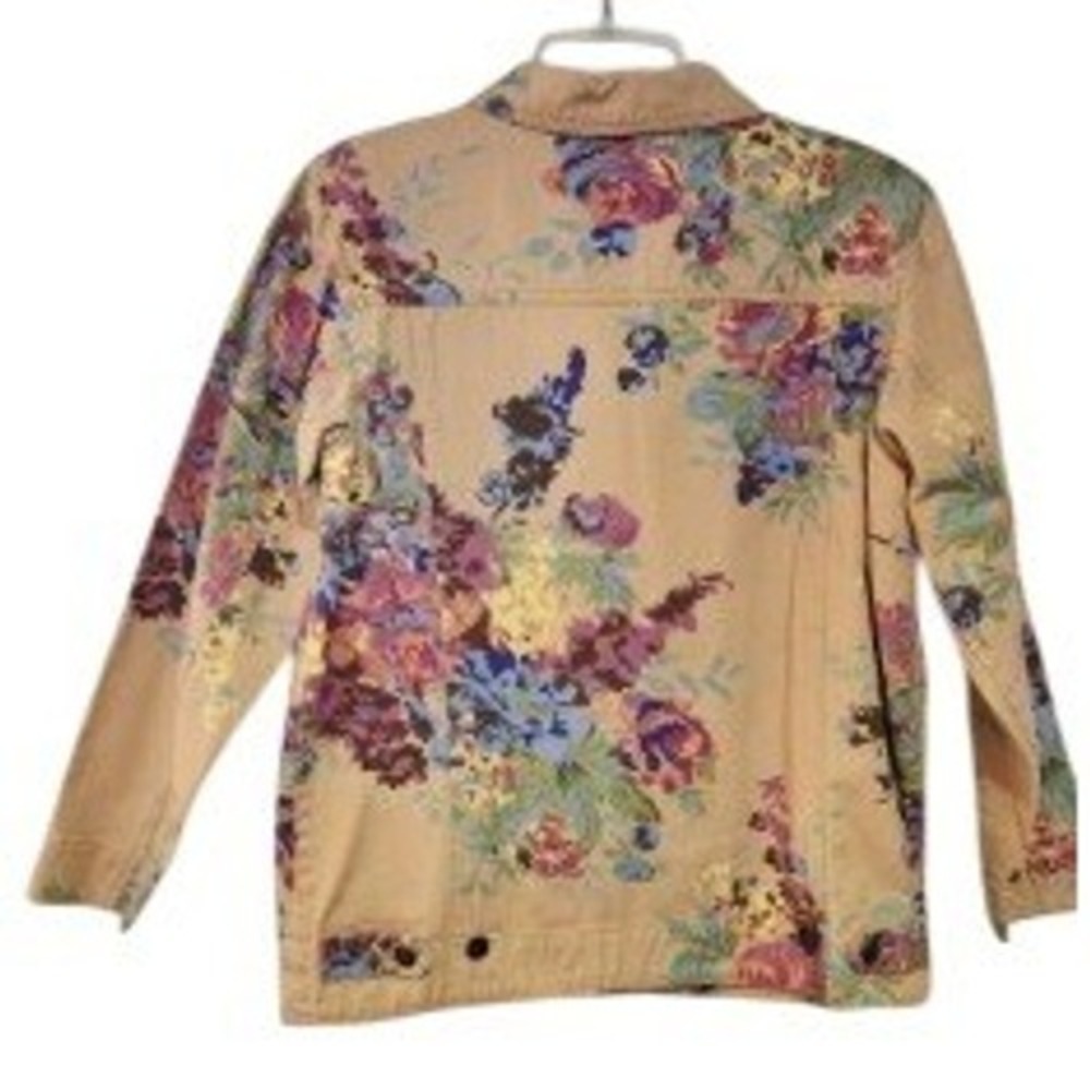 Susan Graver Style Womens Floral Denim Jacket Tan Purple Blue Size Medium Cotton - Picture 2 of 5